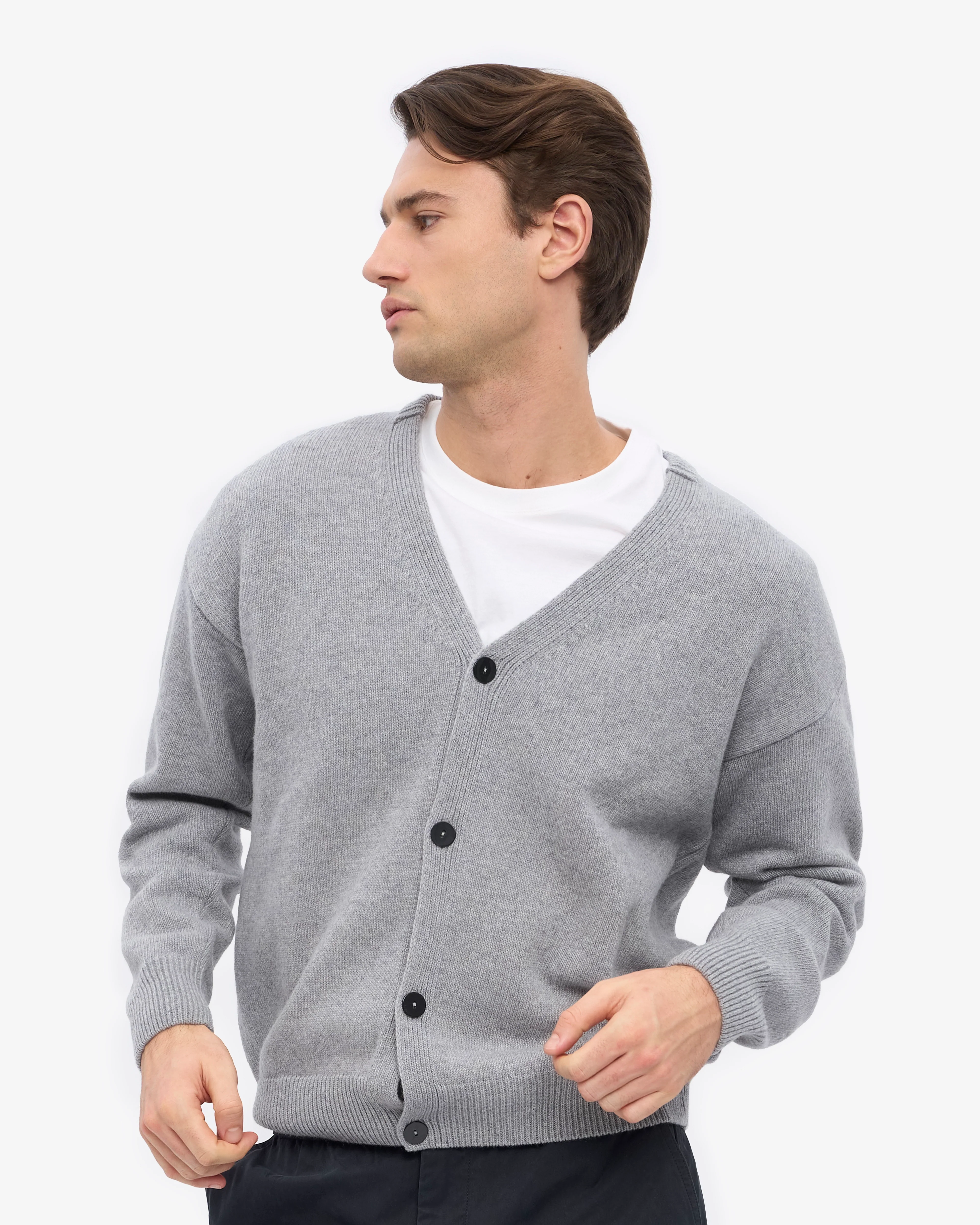 Merino Wool V-Neck Cardigan - Heather Grey - Image 6