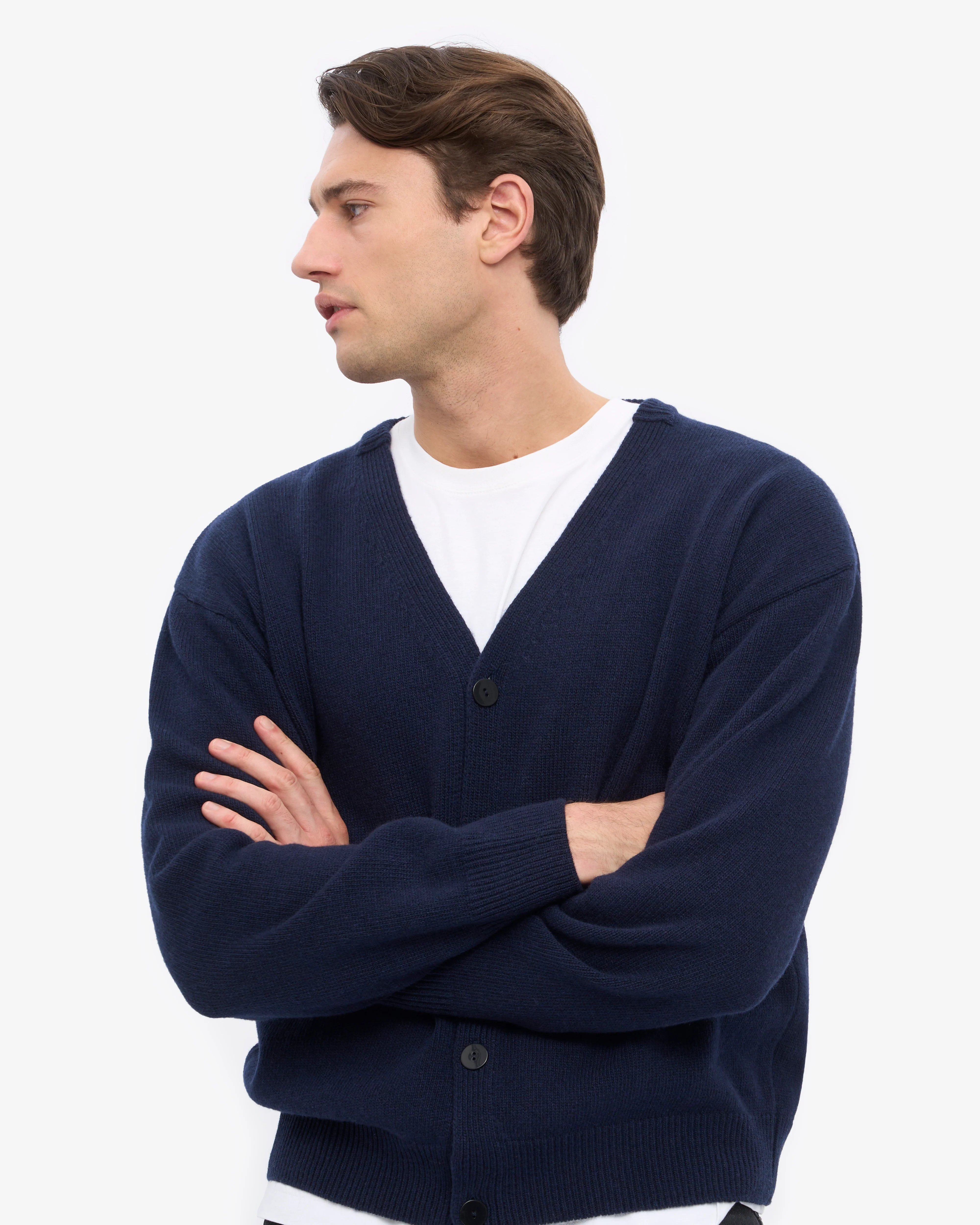 Merino Wool V-Neck Cardigan - Navy Blue - Image 6